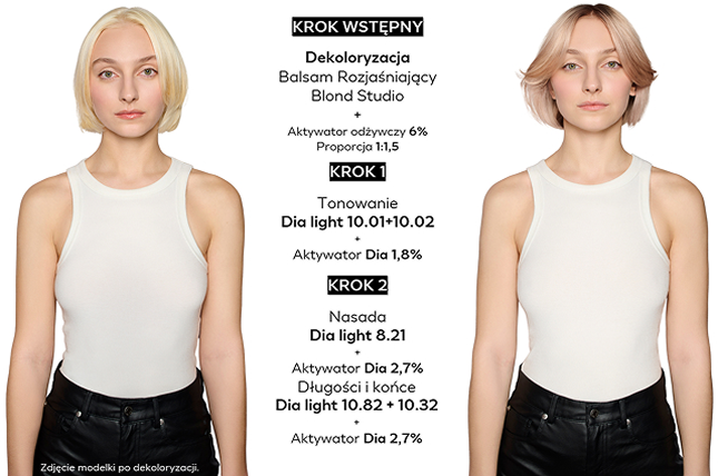 Krok wstępny: Dekoloryzacja - Balsam rozjaśniający Blond Studio + Aktywator odżywczy 6% proporcja 1:1,5. Krok 1: Tonowanie - Dia light 10.01 + 10.02 + aktywator Dia 1,8%. Krok 2: Nasada - Dia light 8.21 + Aktywator Dia 2,7%. Sługości i końce - Dia light 10.82 + 10.32 + Aktywator Dia 2,7%